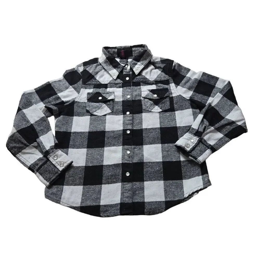 Urban Groove black white Buffalo check snap down Girl shirt M8